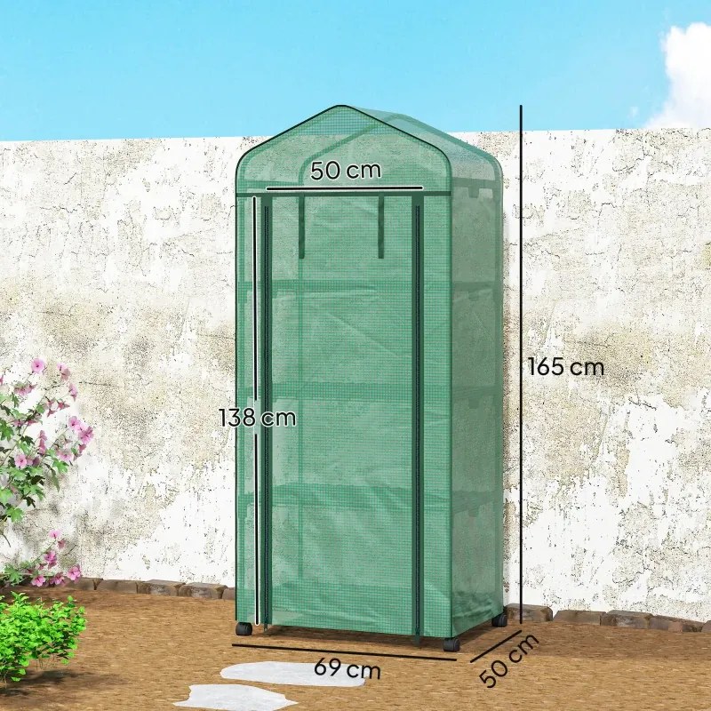 Estufa de Exterior com 4 Prateleiras e Rodas Porta Enrolável Estrutura em Aço e Cobertura de PE 140g/㎡ Anti-UV 69x50x165 cm Verde