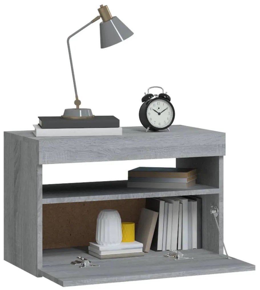 Mesa de cabeceira c/ LEDs 60x35x40 cm cinzento sonoma