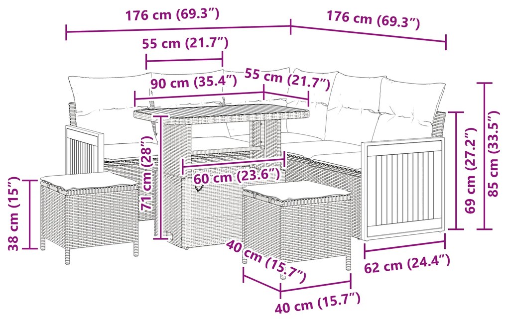 Conjunto de Sofá de Jardim vidaXL 8 Peças com Almofadas Preto Rattan P