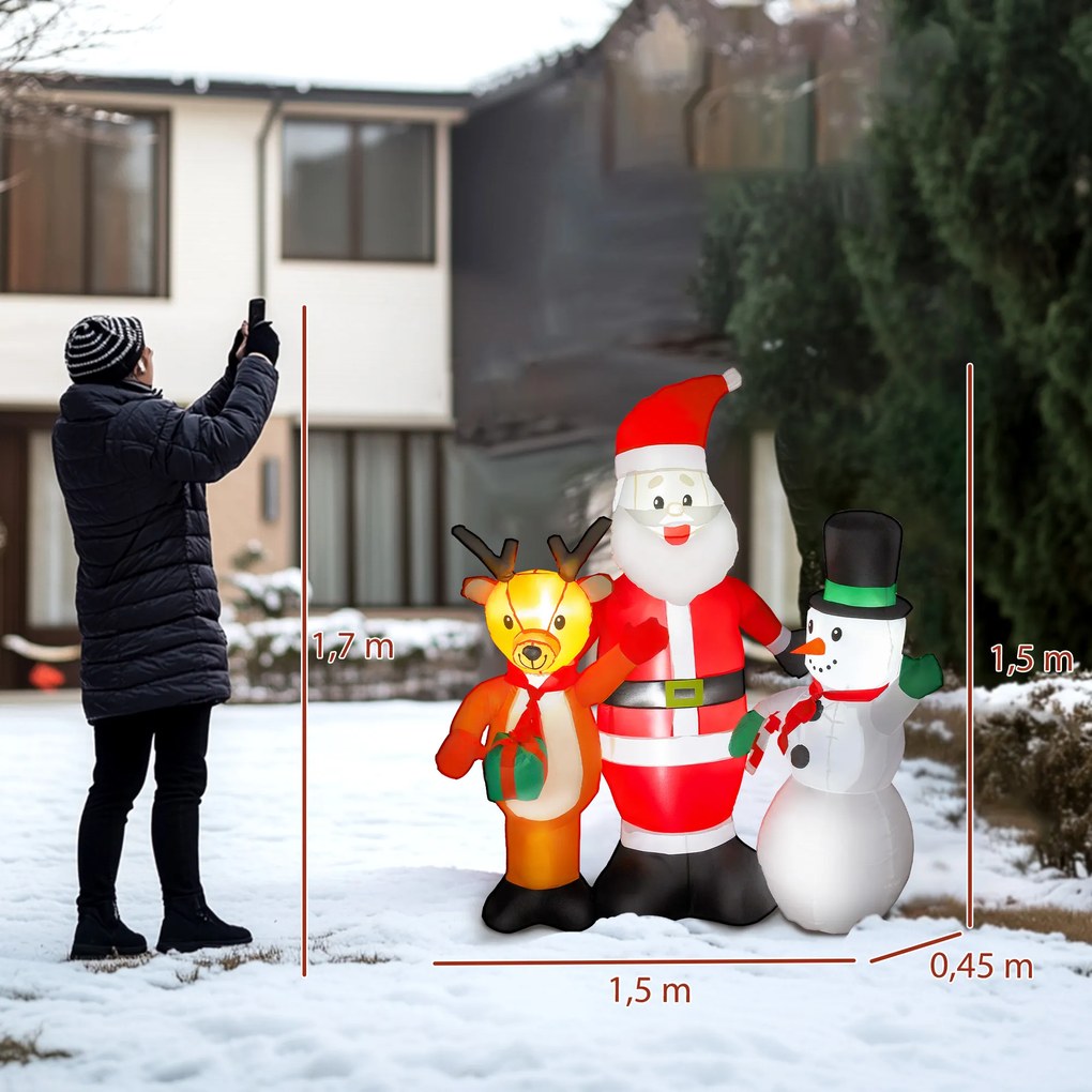 Pai Natal Insuflável com Rena e Boneco de Neve Decoração de Natal Insuflável com Luzes LED 150x45x150 cm Multicor