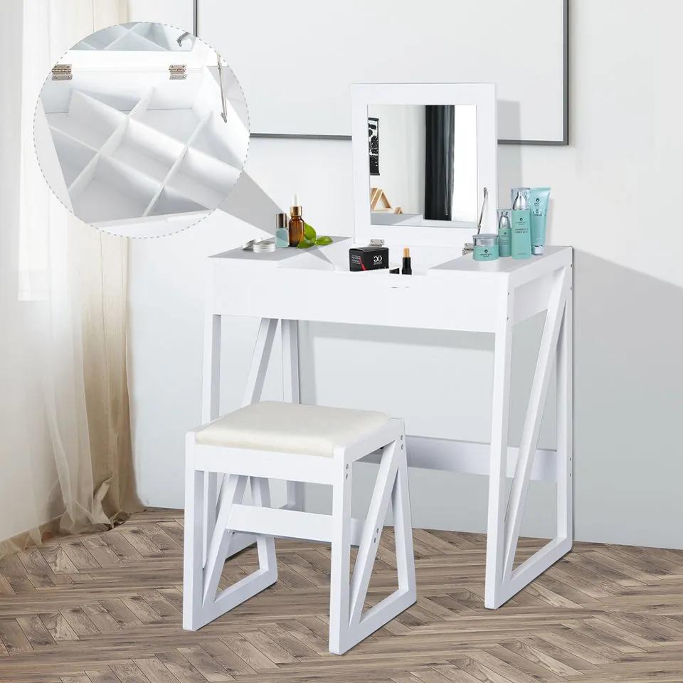 HomCom® Mesa para Maquilhagem Casa de Banho com Banquinho Espelho Tampa Dobrável 9 Compartimentos de Armazenamento 80x50x76cm