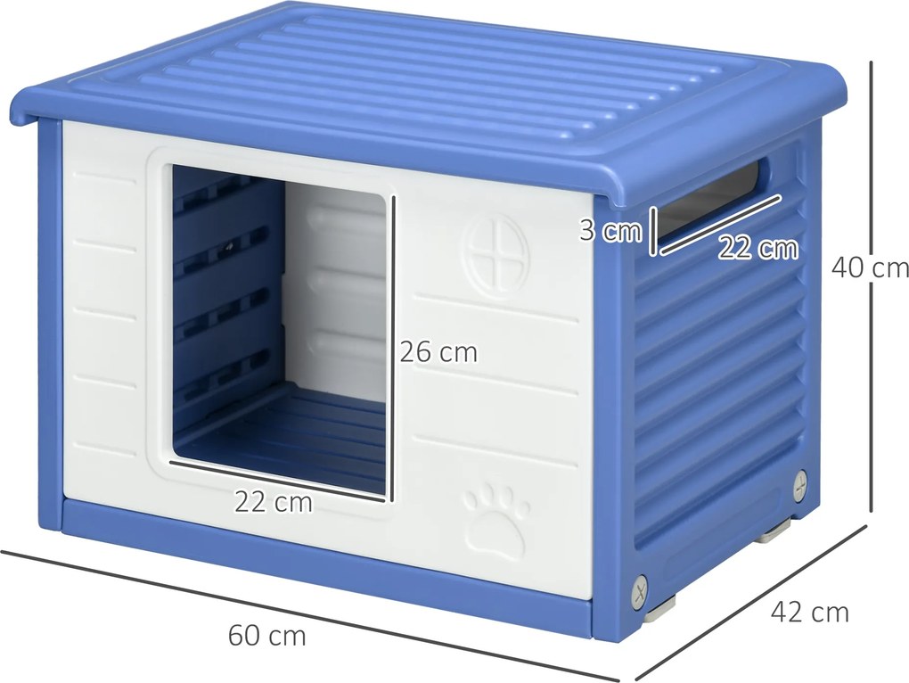 Casota de plástico para cães pequenos para exterior 60 x 42 x 40 cm, com aberturas de ventilação, azul e branca