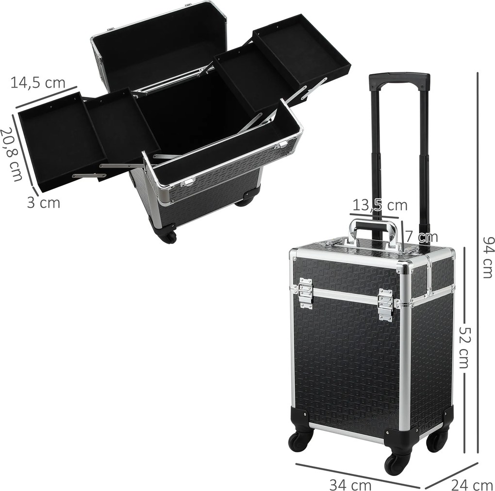 Maleta Trolley de Maquilhagem 34 L Compartimentos Ajustáveis Rodas 360° Fechadura de Segurança