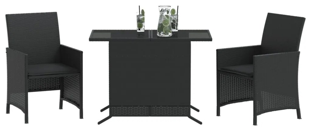 3 pcs conjunto de bistrô com almofadões vime PE preto