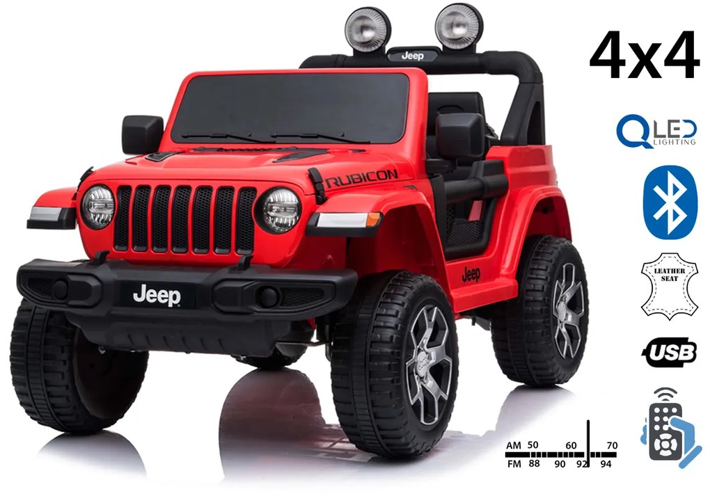 Jipe elétrico para Crianças JEEP Wrangler, assento duplo em couro sintético, rádio com Bluetooth e entrada USB, unidade 4x4, bateria 12V10Ah, rodas EV