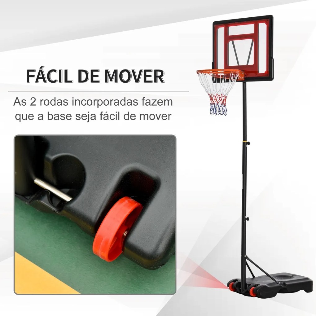 Cesta de Basquetebol Ajustável de 160-210cm Aro de Basquetebol com Suporte de Aço Base Recarregável 2 Rodas para Crianças e Adultos 75x83x261cm Vermel