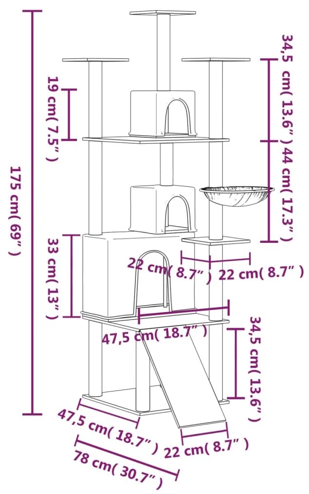 Árvore p/ gatos c/ postes arranhadores sisal 175 cm cor creme