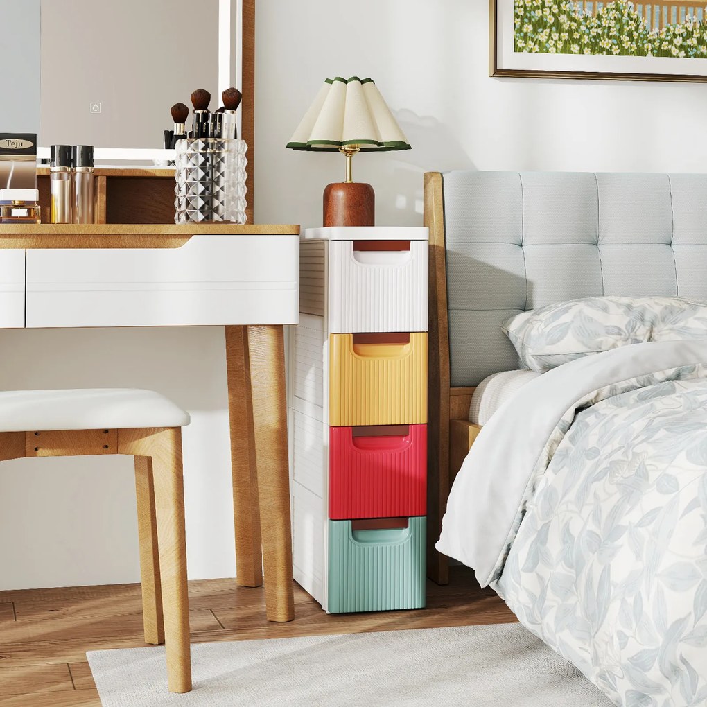 Armário estreito para espaços pequenos com 4 gavetas e rodas integradas 42 x 19 x 74 cm de plástico para casa de banho, sala de aula, escritório ou sa