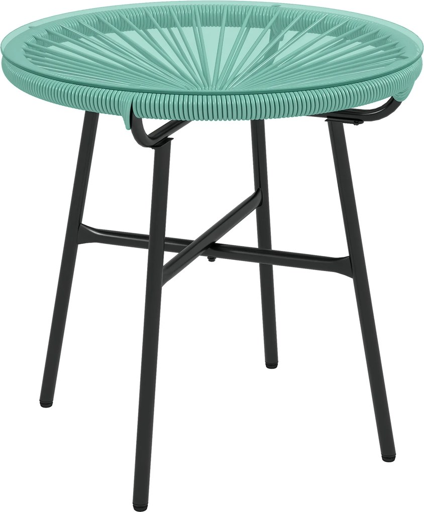Mesa de centro redonda de jardim Ø 50 x 50 cm (altura) em resina com acabamento em rattan e metal e tampo em vidro temperado, preta e verde