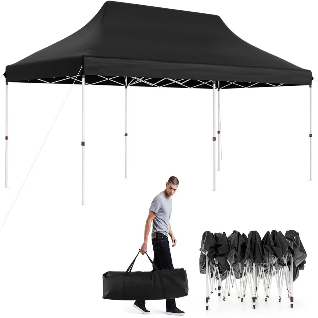 Tenda para festas dobrável impermeável de 300 x 600 cm com bolsa de transporte Proteção solar jardim preta