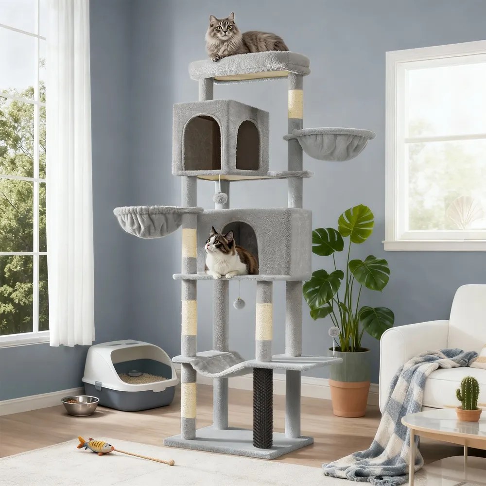Arranhador Gatos, 59 x 48 x 190 cm, com 2 cavidades cinzento