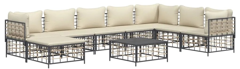 9 pcs conjunto lounge de jardim c/ almofadões vime PE antracite