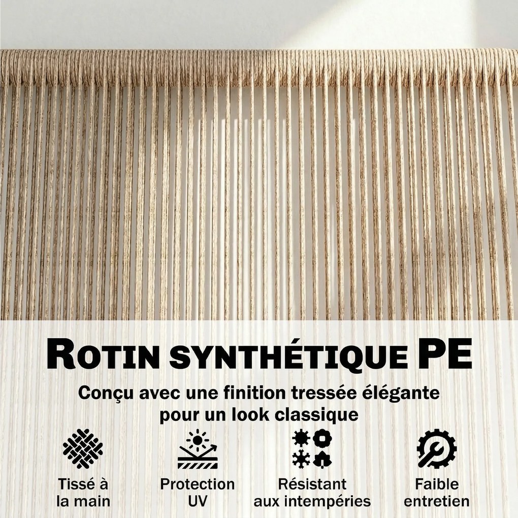 Banco de jardim de 2 lugares, 138C x 62L x 83A cm em resina trançada com estrutura metálica, resistente às intempéries, cor natural