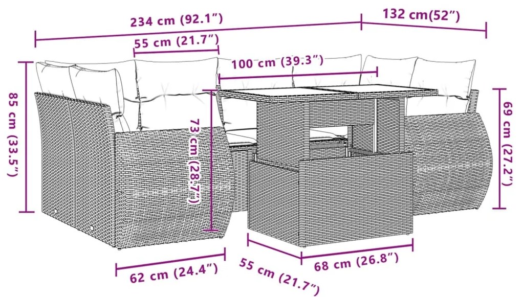 7 pcs conj. sofás jardim com almofadões vime PE cinzento-claro