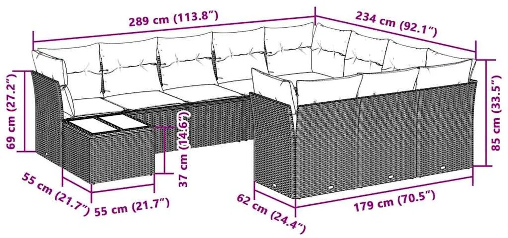 11 pcs conjunto sofás de jardim c/ almofadões vime PE cinzento