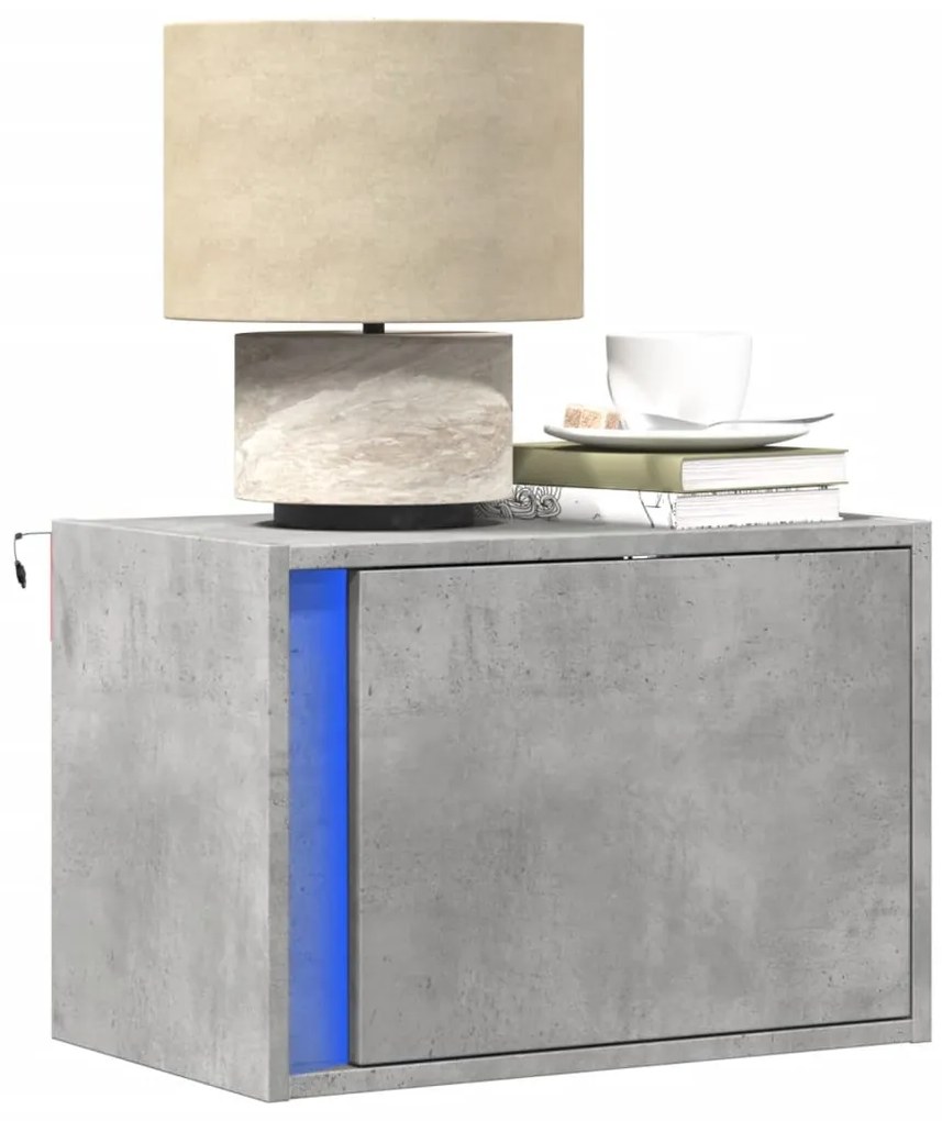 vidaXL Mesa de cabeceira de parede com luzes LED cinzento cimento