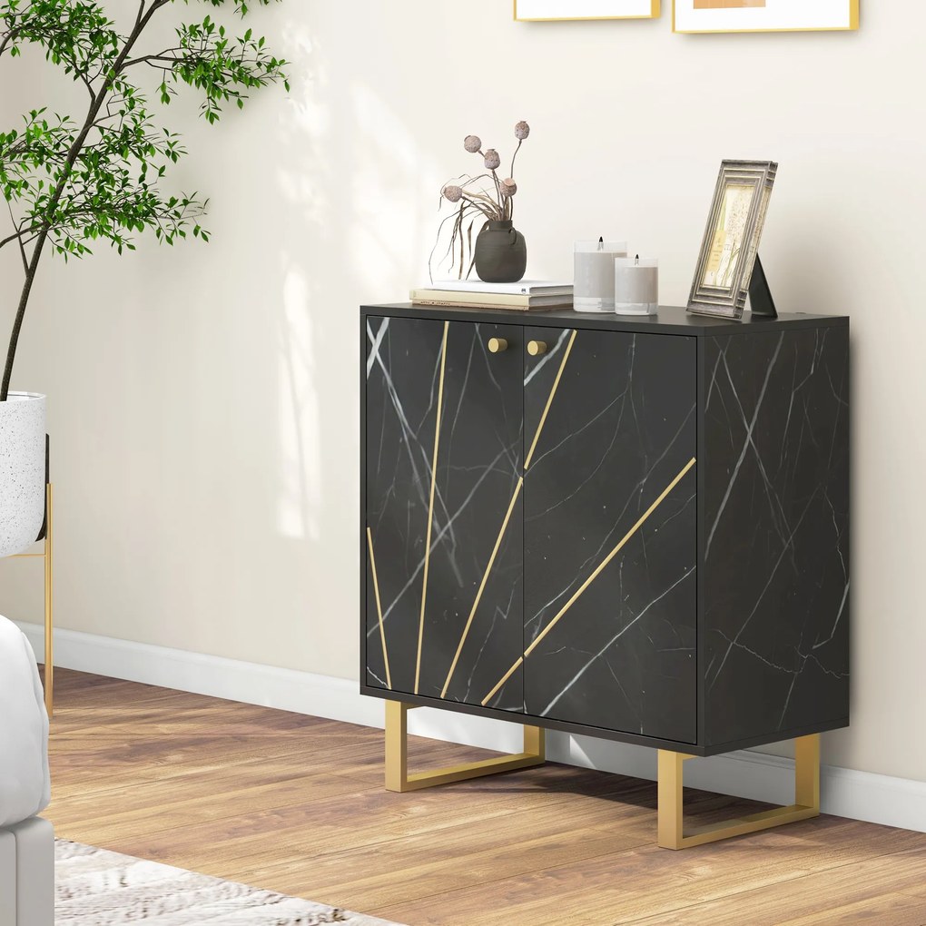 Aparador com 2 portas e prateleira ajustável, pés em metal, 76 x 35 x 77 cm, tom de mármore preto