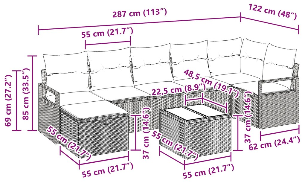 Conjunto de Sofá de 8 Peças para Jardim com Almofadas Bege de Poliratt