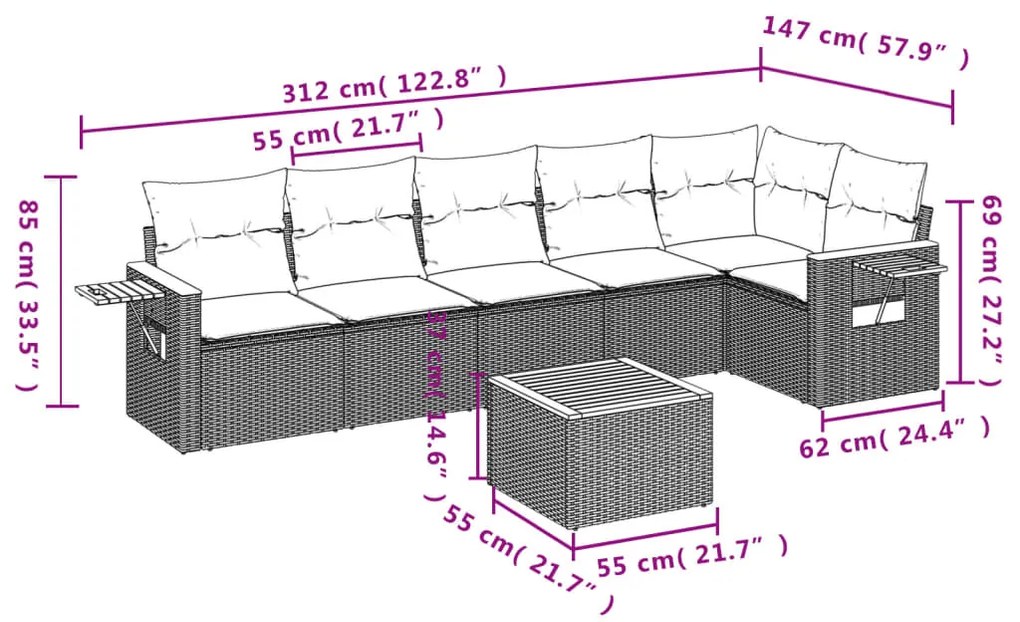 7 pcs conjunto de sofás p/ jardim com almofadões vime PE bege