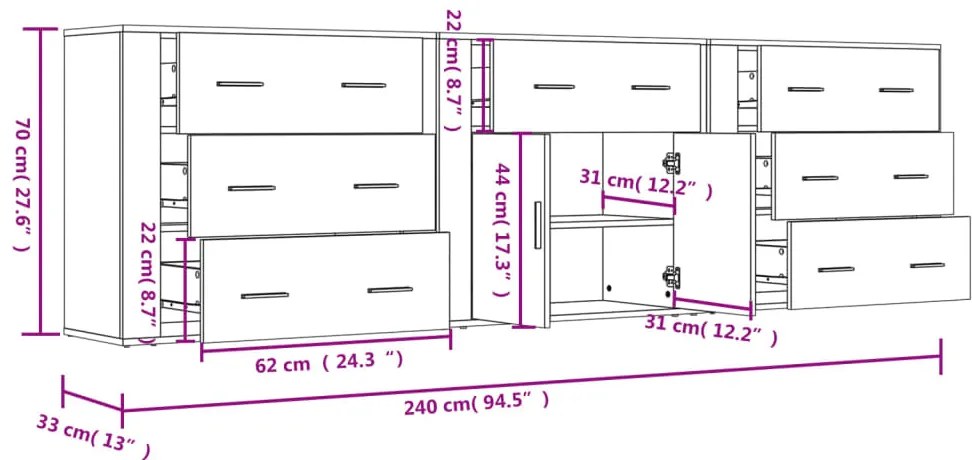Aparadores 3 pcs madeira processada branco