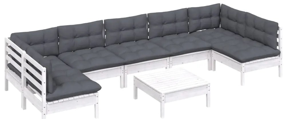 8 pcs conj. lounge de jardim c/ almofadões pinho maciço branco
