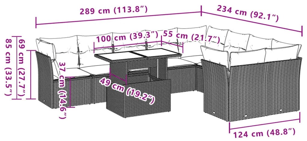 10 pcs conj. sofás jardim com almofadões vime PE cinzento-claro