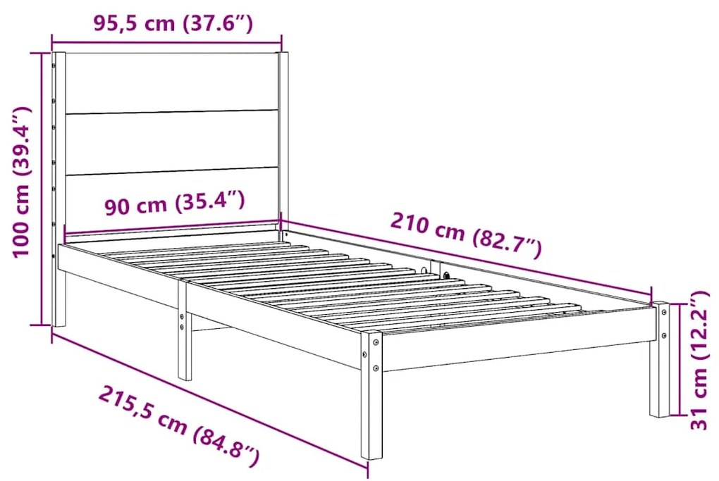 Cama extra longa sem colchão 90x210 cm madeira maciça