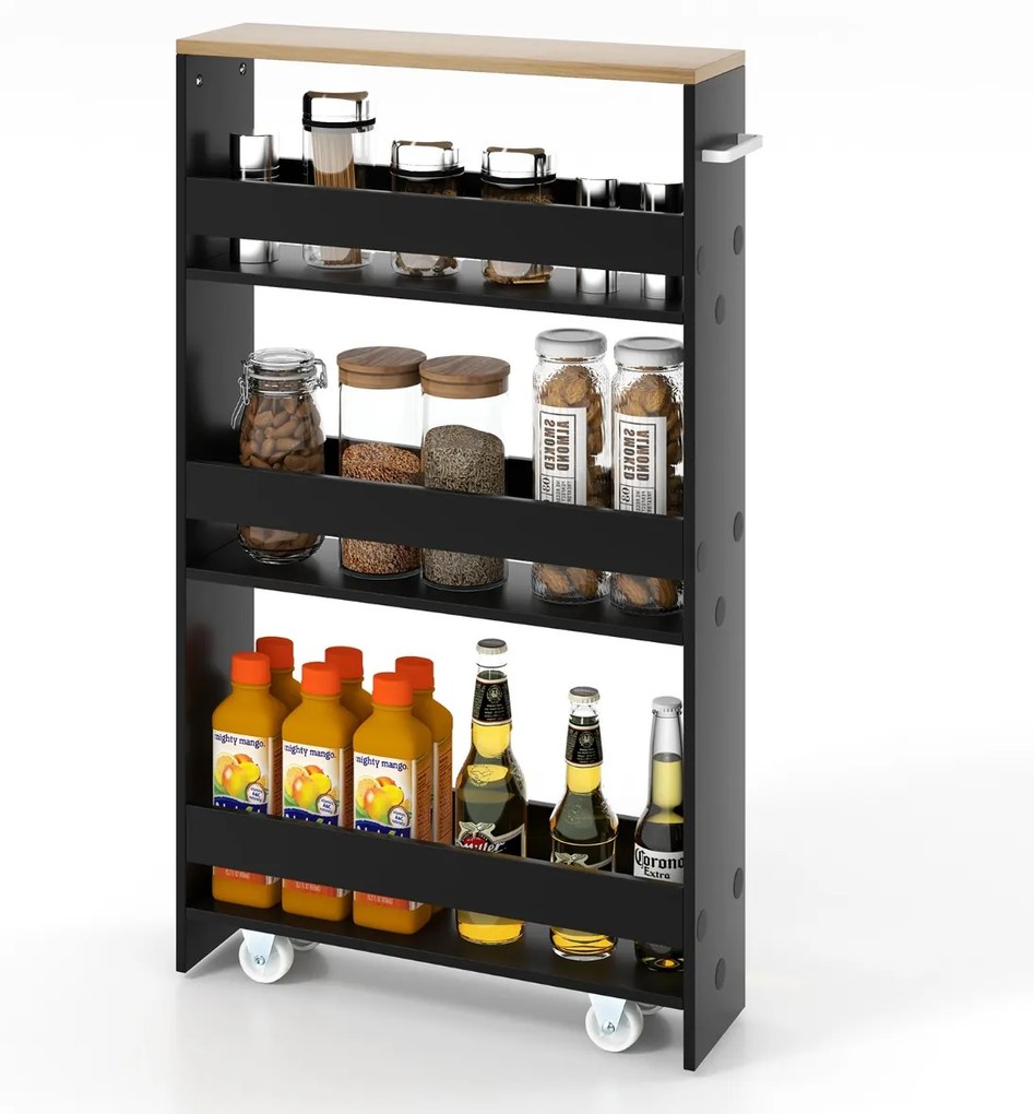 Carrinho de Cozinha armazenamento estreito com 4 prateleiras e organizador móvel economiza espaço para banheiro 48 x 12,5 x 81 cm preto e natural