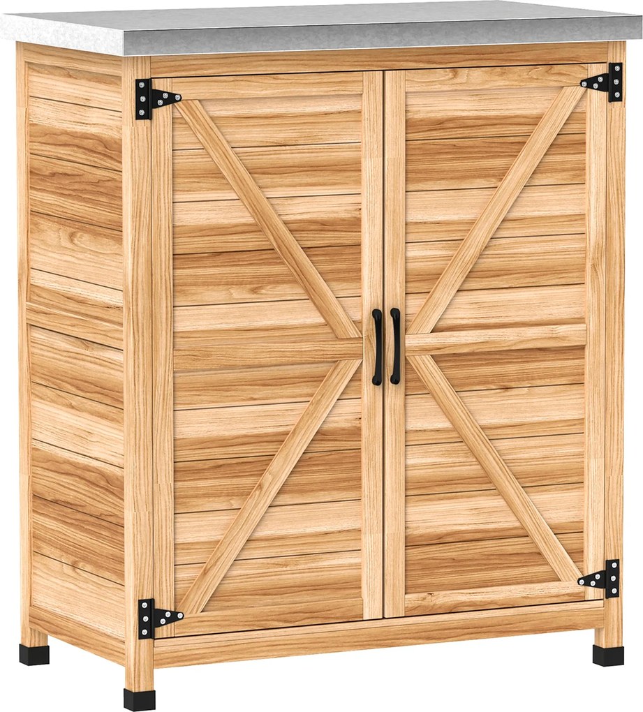 Armário de Exterior em Madeira com Tampo de Aço Galvanizado Prateleira 2 Portas para Armazenamento de Ferramentas 79x43x92 cm Madeira