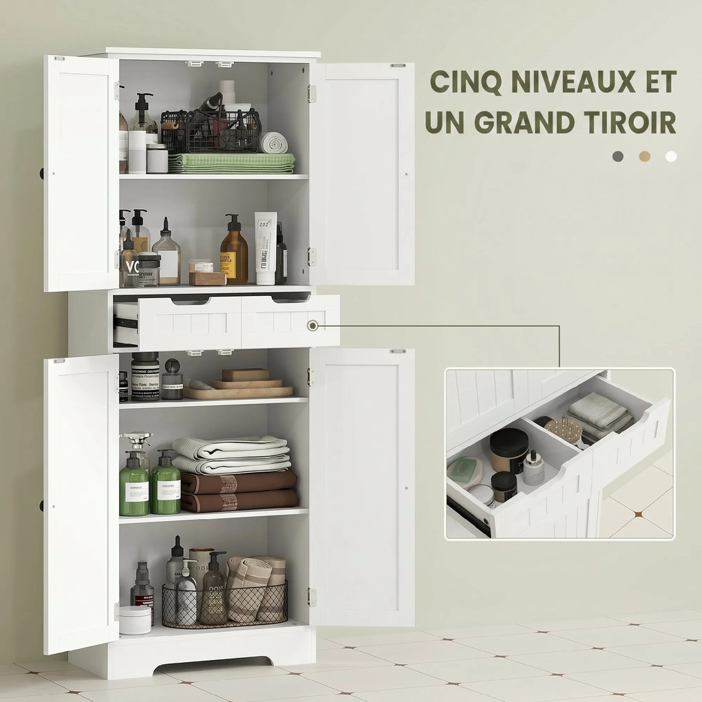 Móvel de casa de banho 60 x 30 x 160 cm, móvel de arrumação com gaveta e 4 portas, estilo moderno, branco