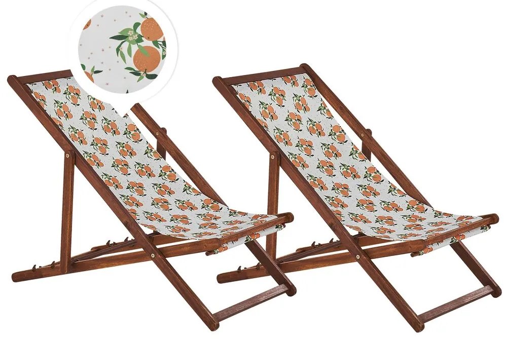 Conjunto 2 espreguiçadeiras madeira escura e 2 lonas brancas e padrão laranjas ANZIO Beliani