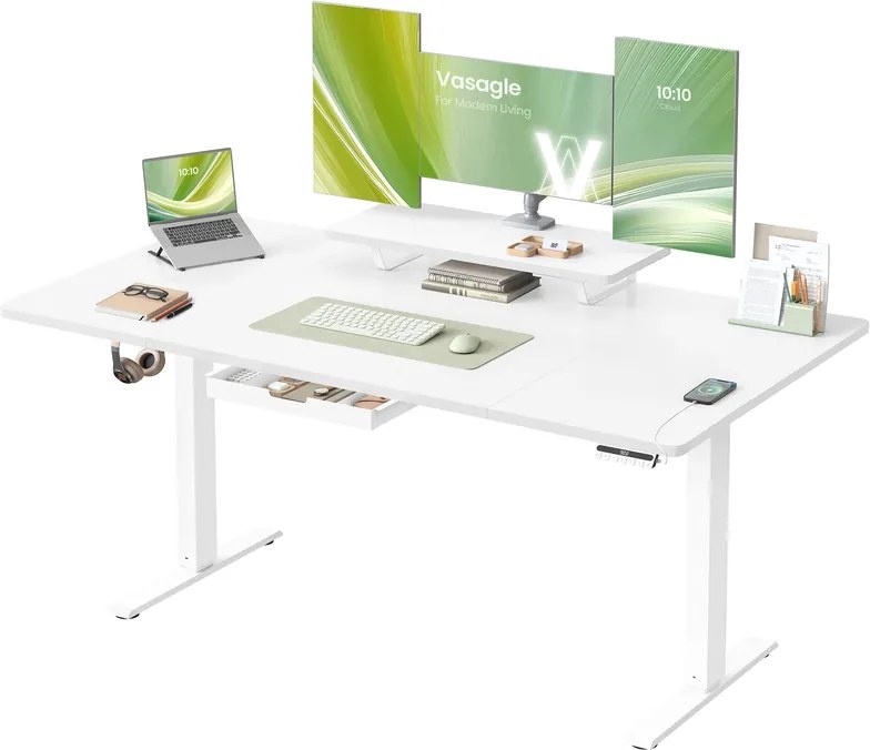 Secretária elétrica com altura ajustável, suporte para monitor e USB 160 x 80 x (72-120) cm Branca