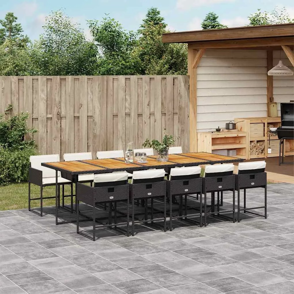 11 pcs conjunto de jantar p/ jardim c/ almofadões vime PE preto