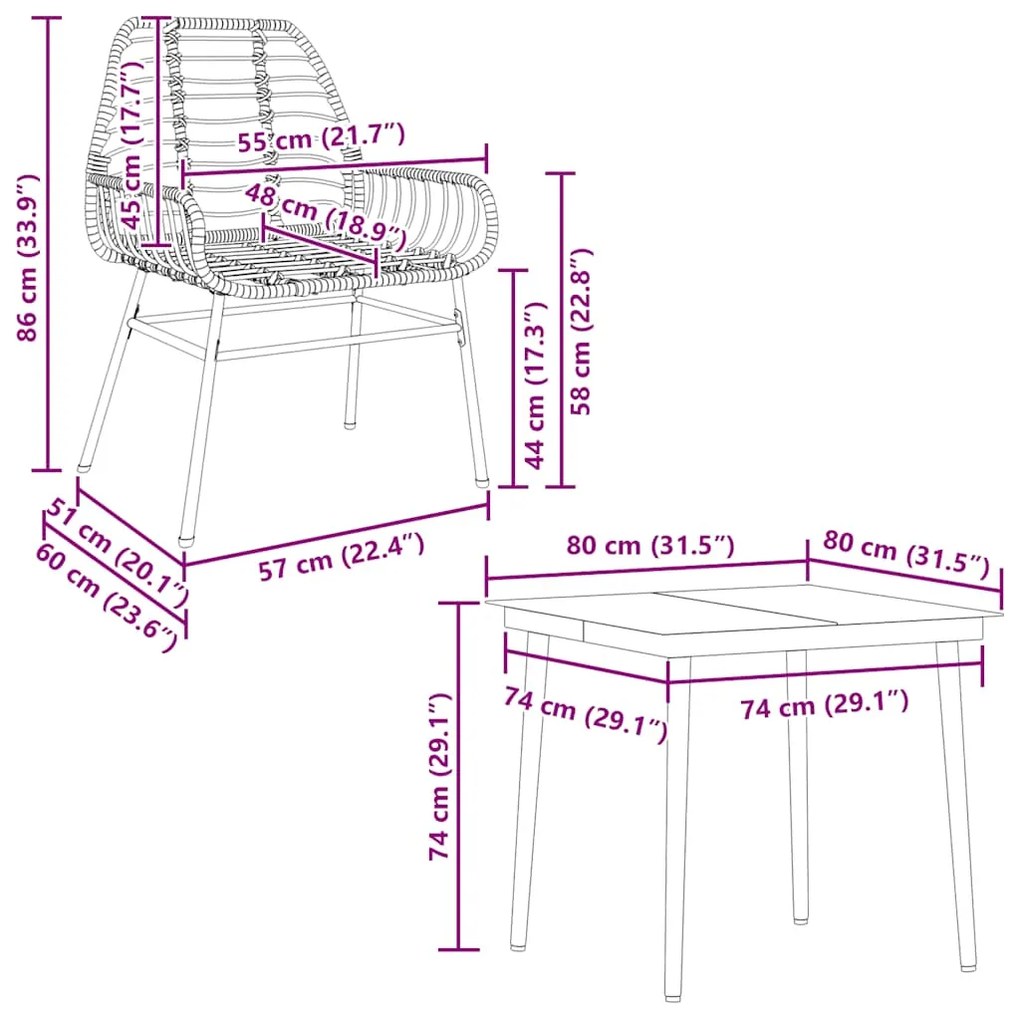 Conjunto jantar jardim 3 peças vidro vime PE castanho