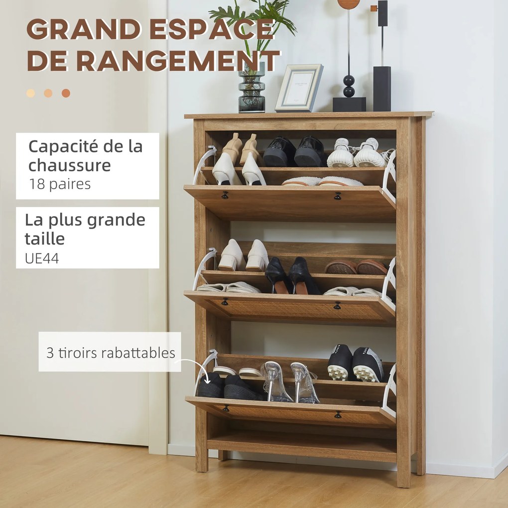 Sapateira, Móvel para sapatos, prateleira para sapatos, armário de 3 portas com abas, efeito de vime - em madeira natural