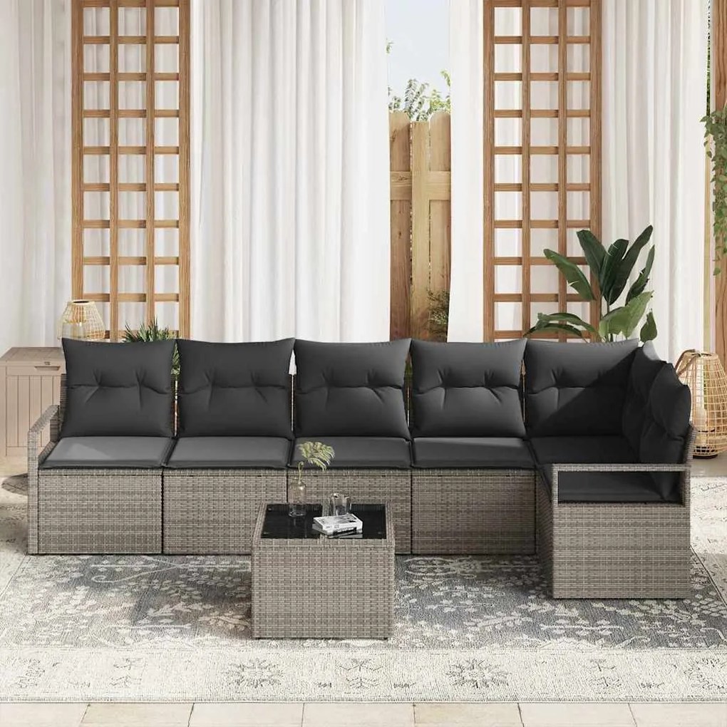 Conjunto de sofá de jardim com 6 peças e almofadas, rattan poliéster p