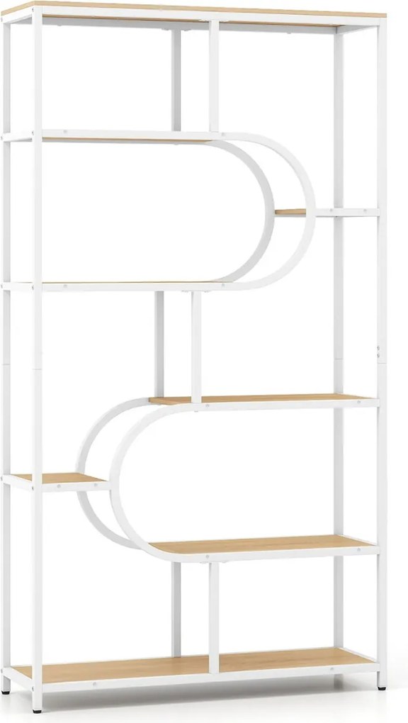 Estante de 8 prateleiras abertas 95 x 30 x 175 cm Design em forma de U Estrutura metálica natural e branco