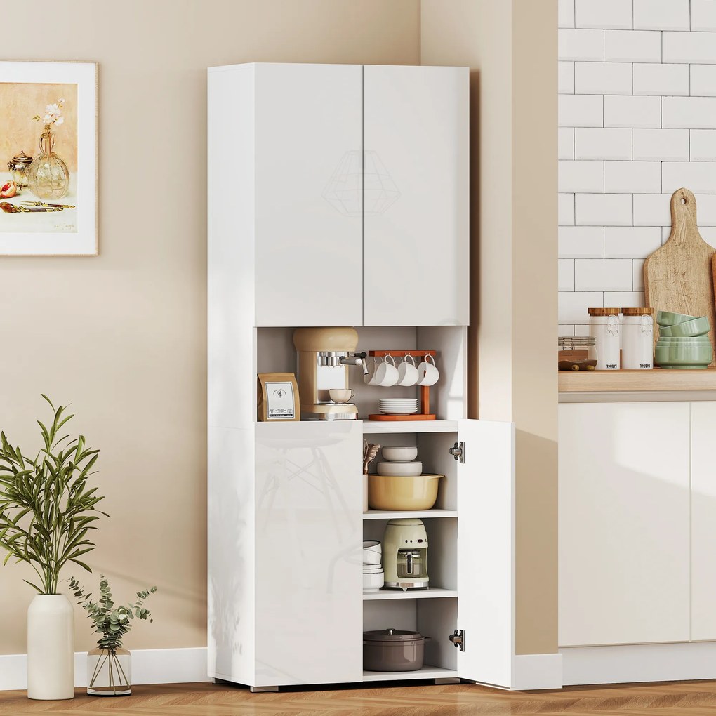 Armário de Cozinha Móvel Auxiliar de Cozinha com 4 Portas Compartimento Aberto Prateleiras Ajustáveis 68x34x180 cm Branco Brilhante