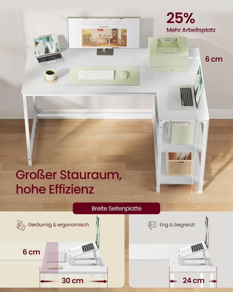 Secretária de canto 120 x 80 cm, em forma de L com prateleira regulável em altura, branco