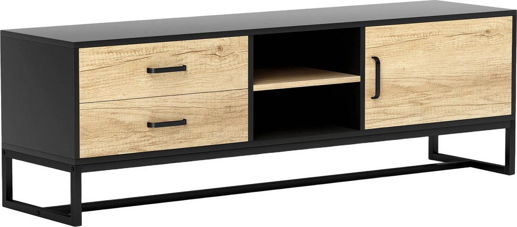 HOMCOM Móvel TV para televisores de até 152 cm, móvel para TV com armário, compartimentos abertos, 2 gavetas, madeira natural | Aosom Portugal