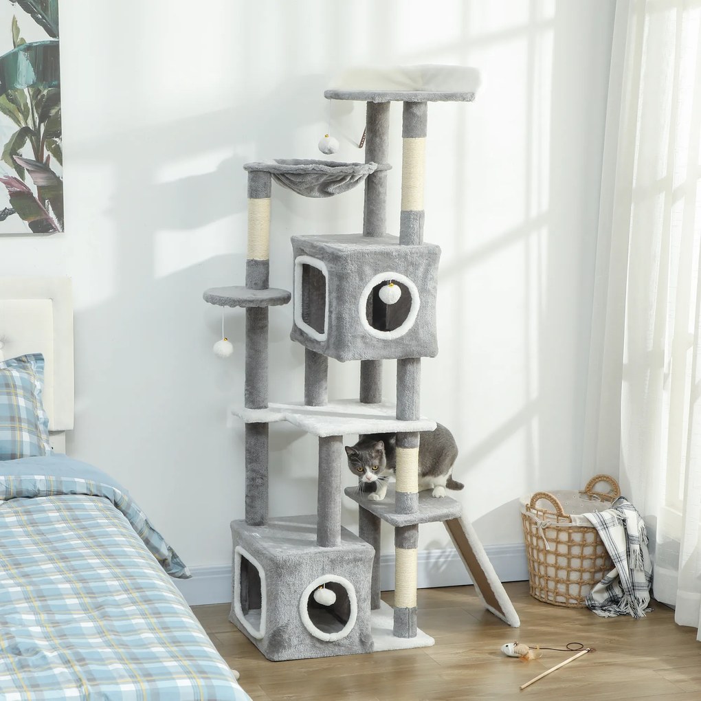 Arranhador para gatos com torre de brincadeiras, centro de atividades, 2 compartimentos abertos, plataformas, rede, escada e 4 pompons, 165 cm, cinzen