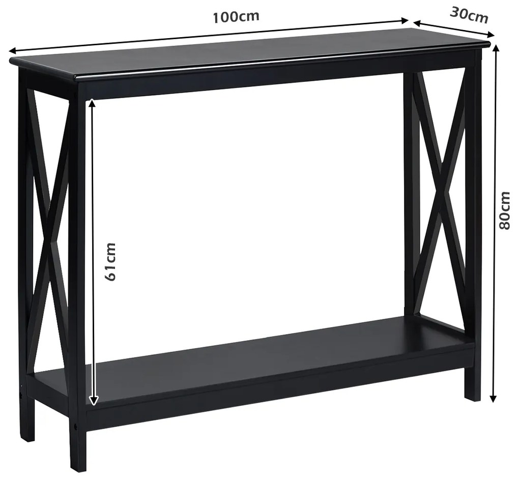 Mesa consola rústica com 2 níveis e prateleira em X para entrada, corredor e sala 100 x 30 x 80 cm preta
