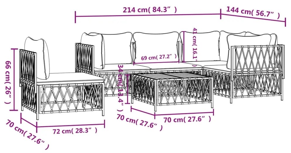 6 pcs conjunto lounge de jardim com almofadões aço branco