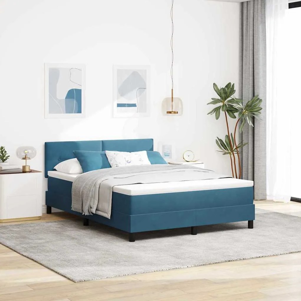 vidaXL Cama Box com colchão Azul Escuro 140 x 190 cm Veludo