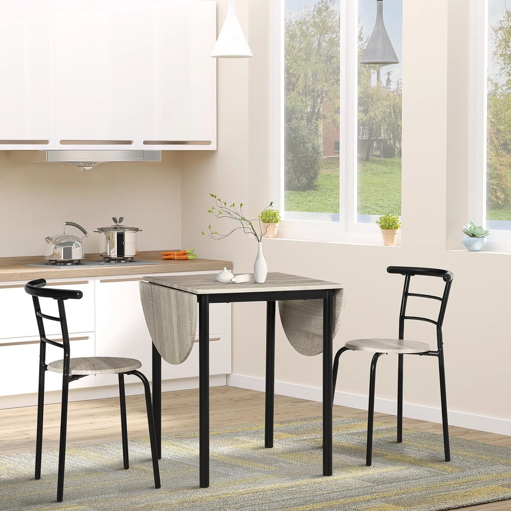 Conjunto de mesa oval extensível e 2 cadeiras – mesa com abas – metal e MDF – preto e natural