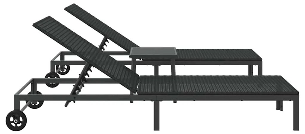 Espreguiçadeiras 2 pcs com Rodas e Mesa em Rattan Preto