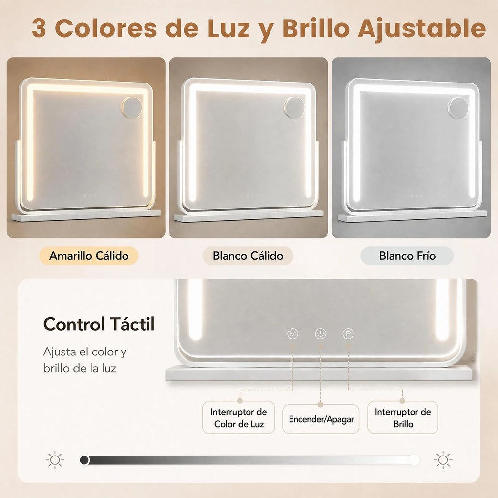 Espelho de Maquilhagem Giratório, 60 x 10 x 52 cm, Iluminação LED Ajustável, Branco