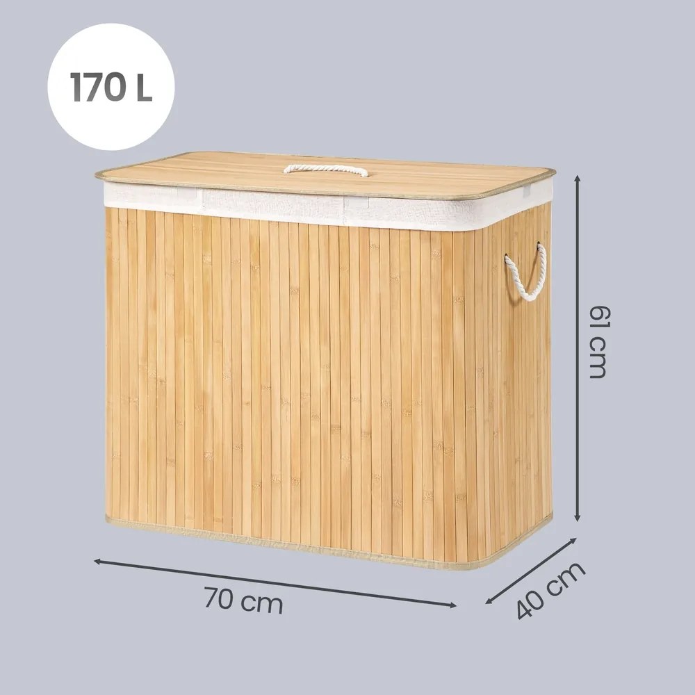 Cesto da roupa suja com tampa, 3 compartimentos, 170 litros cor natural