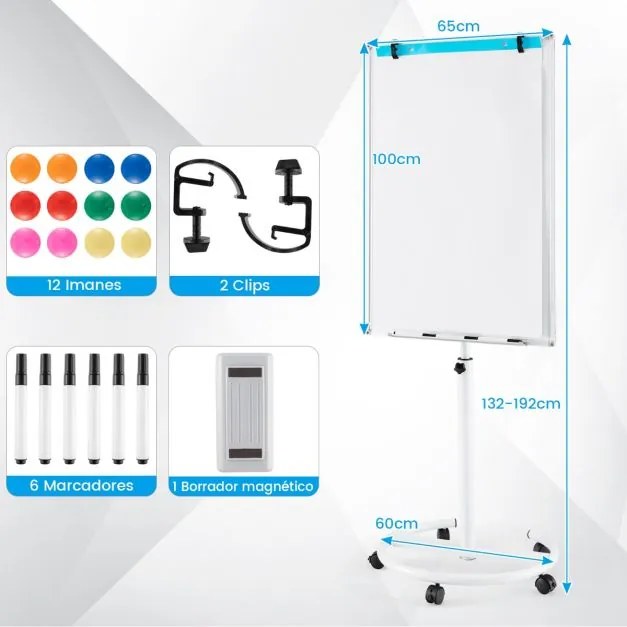 Quadro branco ajustável em altura com rodas com clipes para papel e tabuleiro 65 x 60 x 132-192 cm Branco