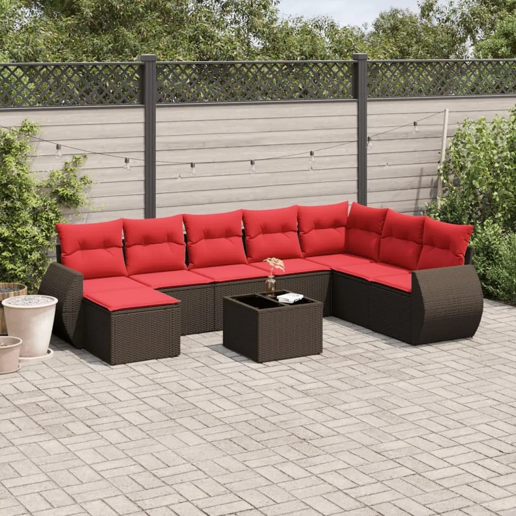 vidaXL 9 pcs conjunto sofás p/ jardim c/ almofadões vime PE castanho